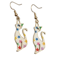 White Kitty Cat Multicolor Stars Pierced Earrings Gold tone Dangle 1 3/8"