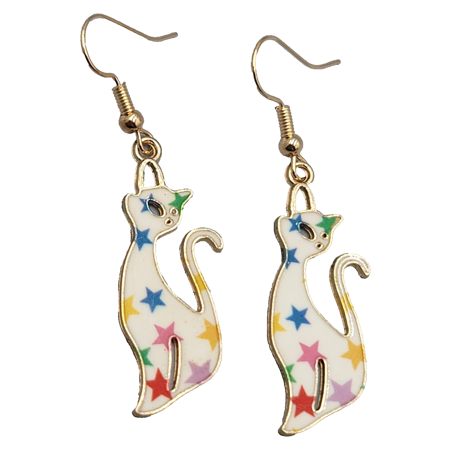 White Kitty Cat Multicolor Stars Pierced Earrings Gold tone Dangle 1 3/8"