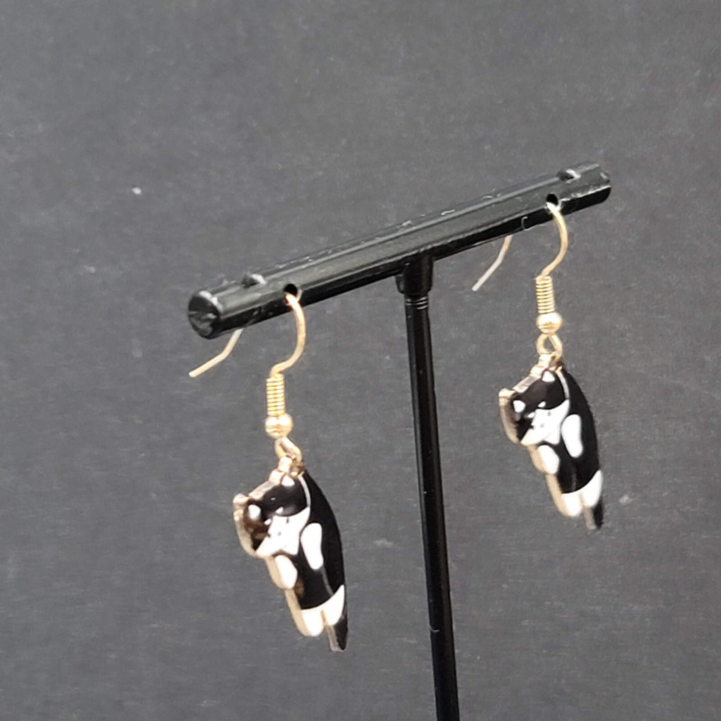Kitty Cat Pierced Earrings Gold tone Black White Tuxedo Kitten Hanging Dangle 1"