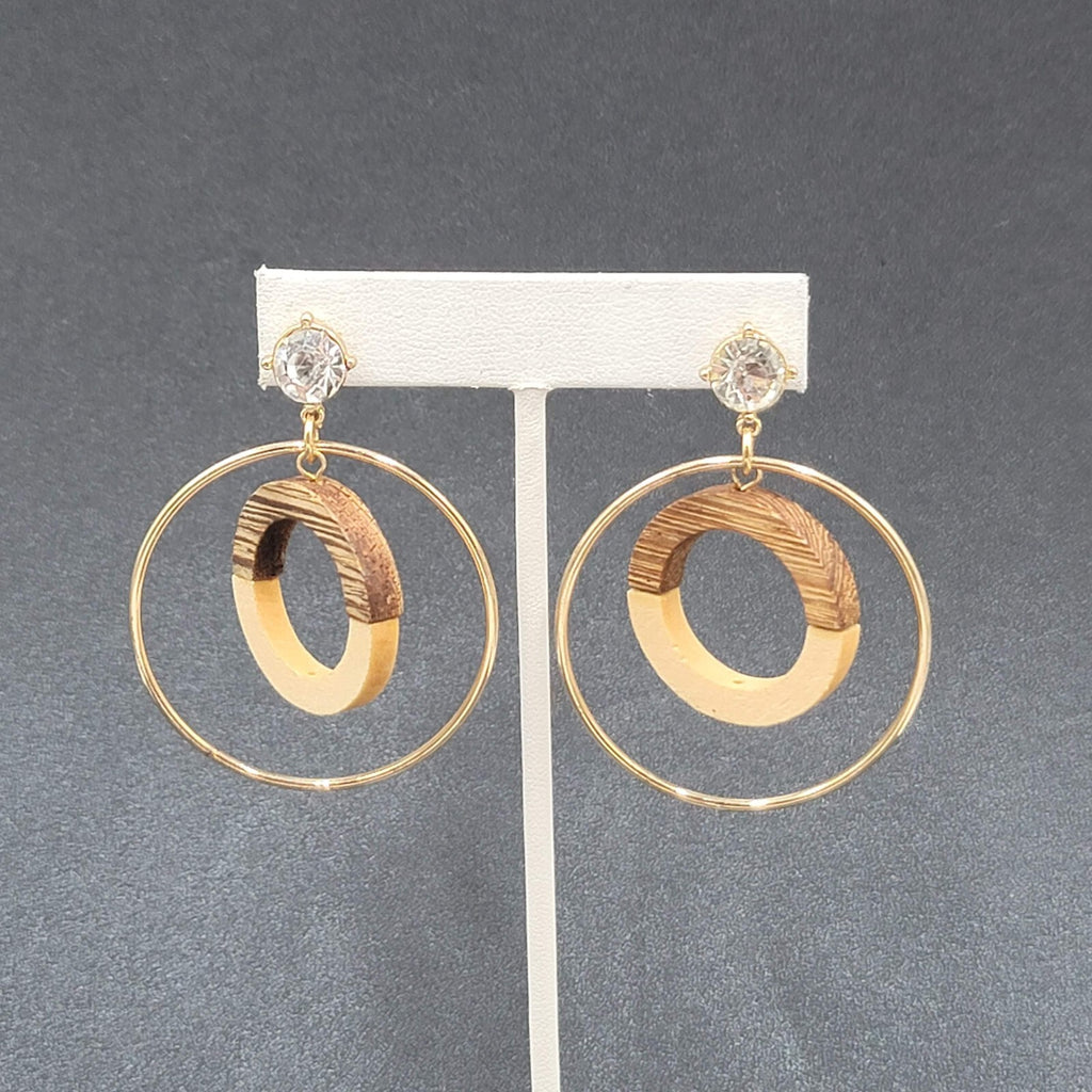 Pierced Earrings Gold tone Wood Rhinestone Hoops Dangle 2 1/4"