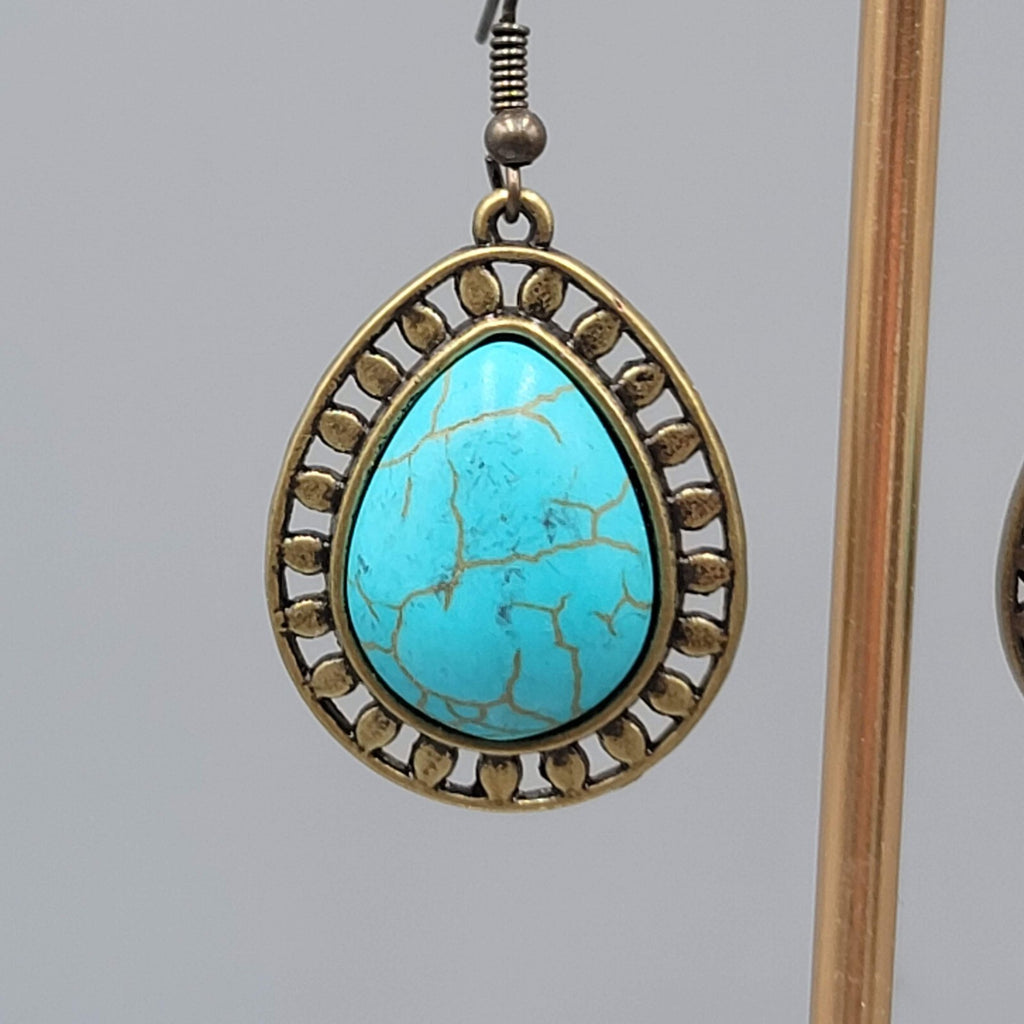 Teardrop Pierced Earrings Bronze tone Blue Howlite Dangle 1 1/8"