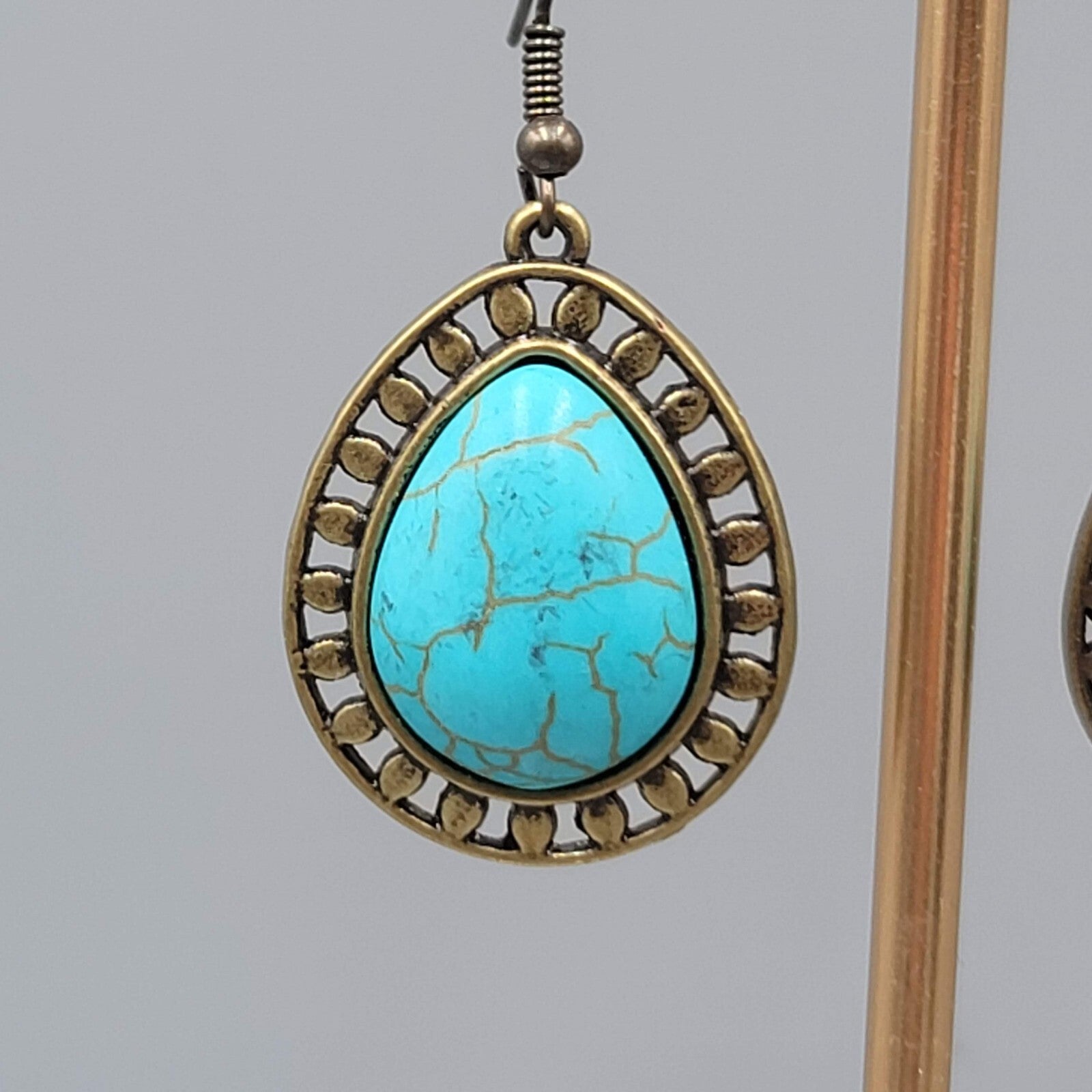 Teardrop Pierced Earrings Bronze tone Blue Howlite Dangle 1 1/8"