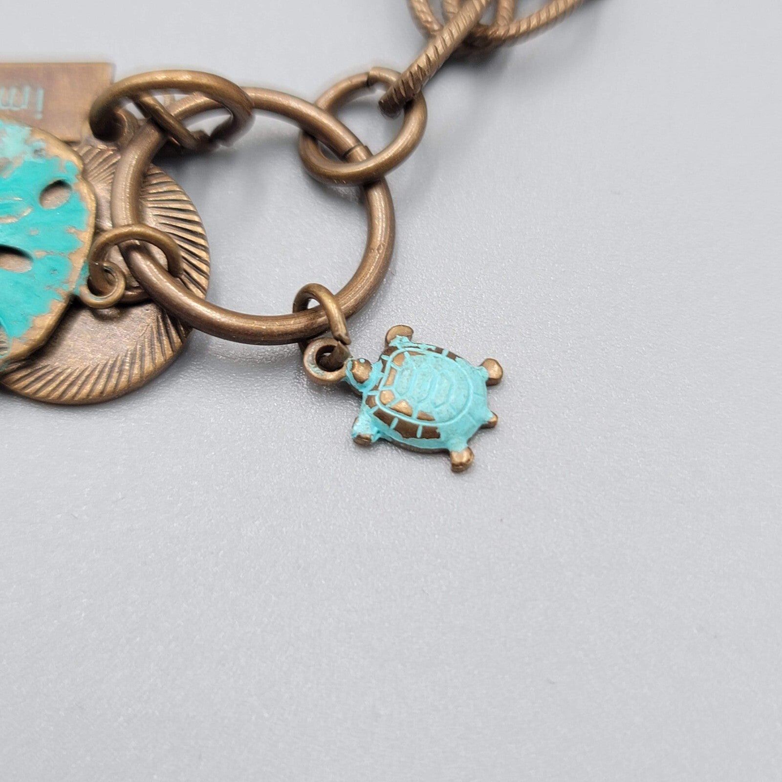 Vintage Bronze Chain Necklace Sea Turtle Sand Dollar Charms Imagine 18"