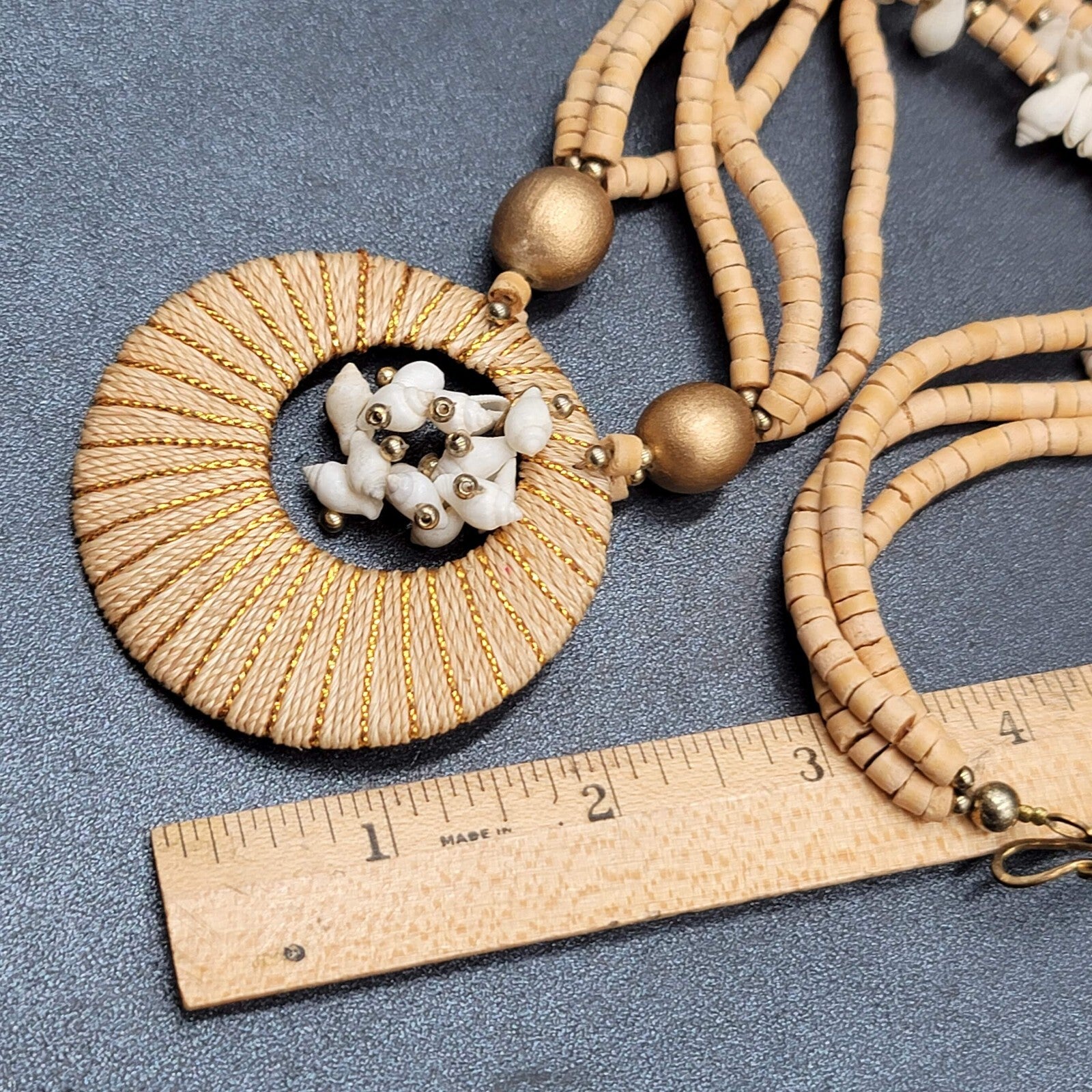 Vintage Necklace Wood Bead Shell Gold tone Boho Estate Costume Jewelry 24"