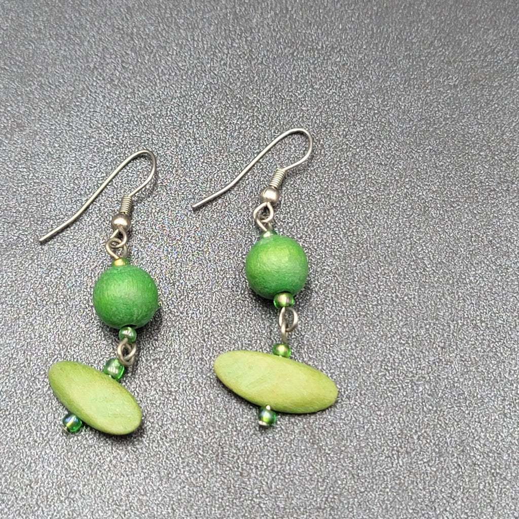 Pierced Earrings Silver tone Green Wood Bead Dangle 1.5"