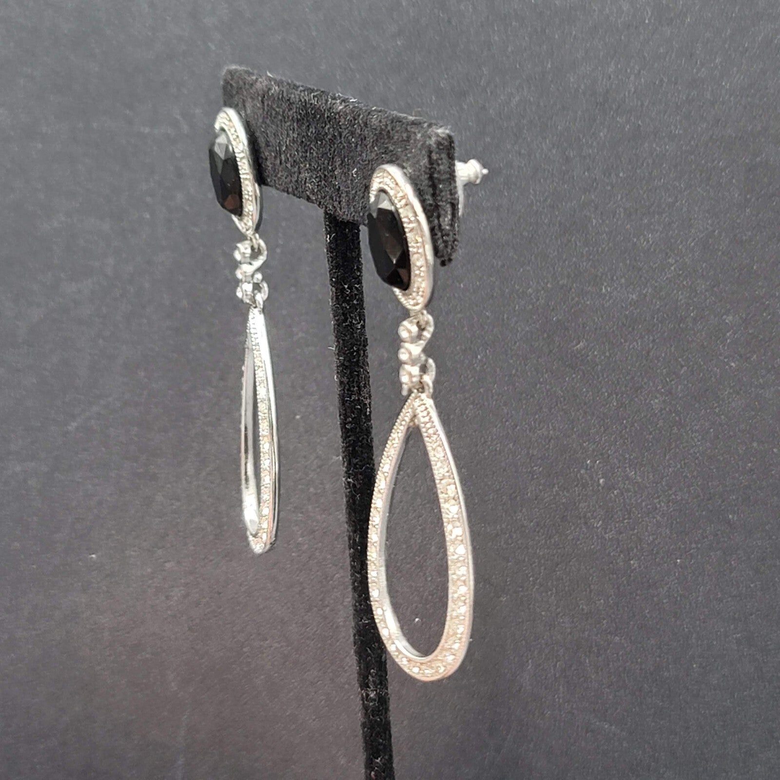 Pierced Earrings Silver tone Black Accent Crystal Rhinestones Dangle 2.5"