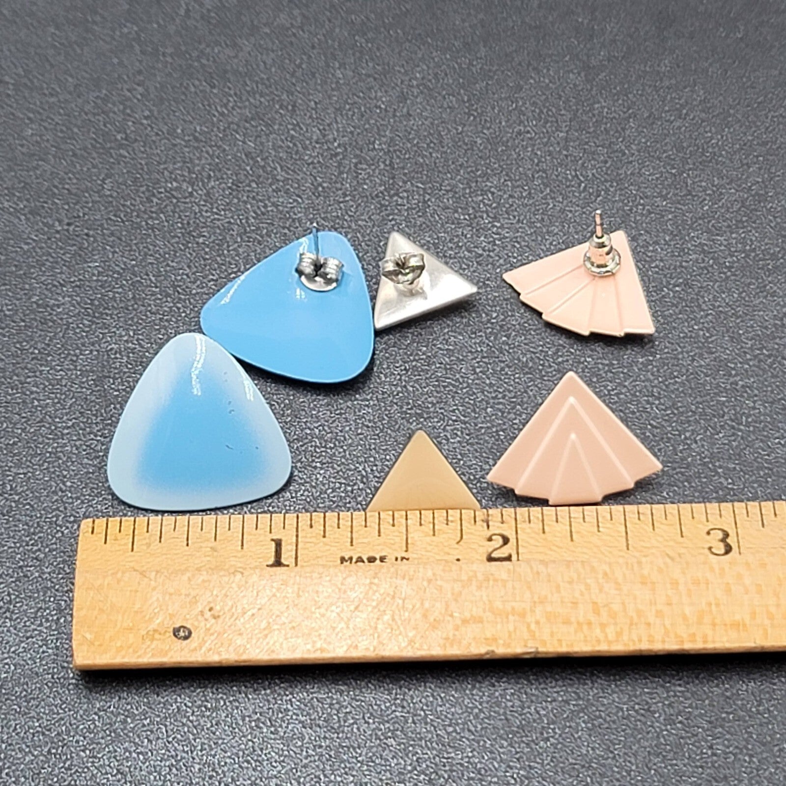 Vintage Pierced Earrings Lot of 3 Enamel 1980s Studs Blue Peach Tan Triangle