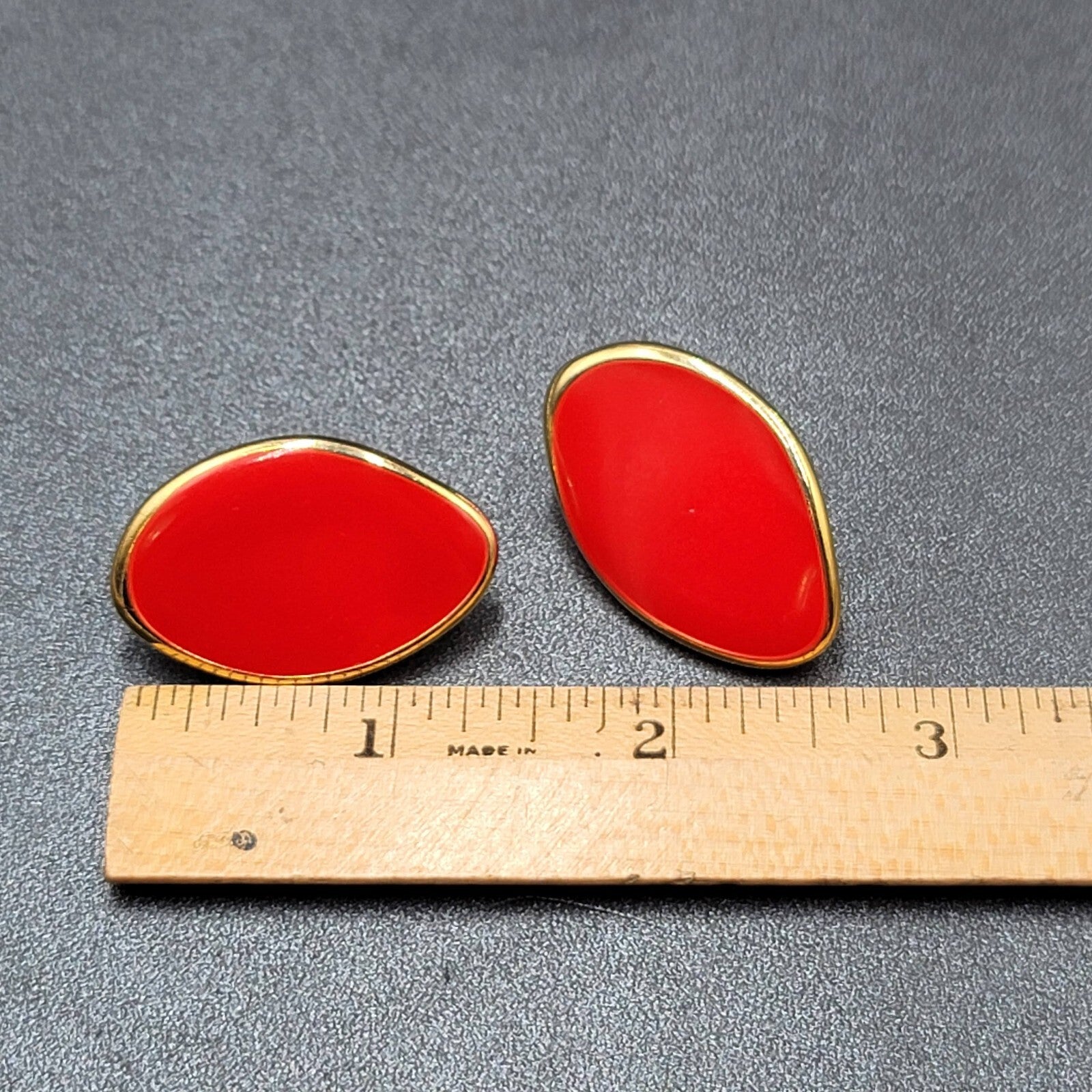 Bergere Red Enamel Clip On Earrings Gold Plated  1.25"