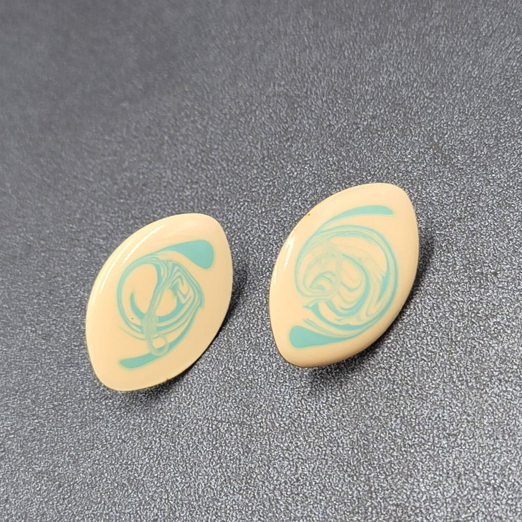 Vintage Pierced Earrings Cream Blue Swirl Enamel Drop 1 1/8"