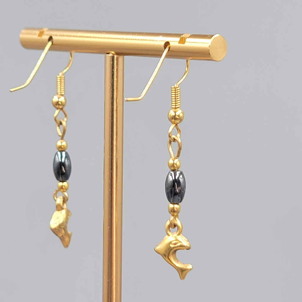 Vintage Dolphin Pierced Earrings Gold tone Hematite Stone Dangle 1 1/8"