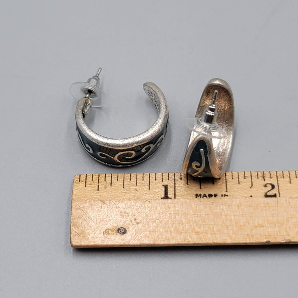 Vintage Silver tone Blue Enamel Hoops Pierced Earrings 7/8"