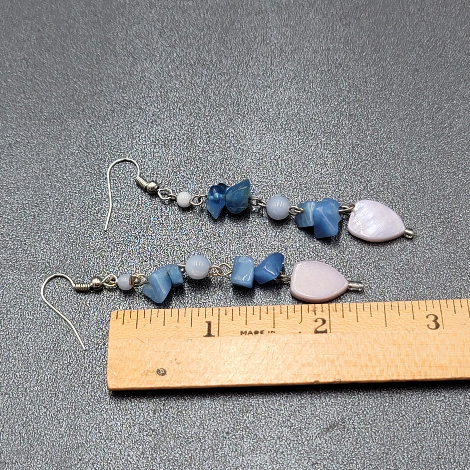 Pierced Earrings Blue Stone Chip Bead Dangle Silver tone 2.75"