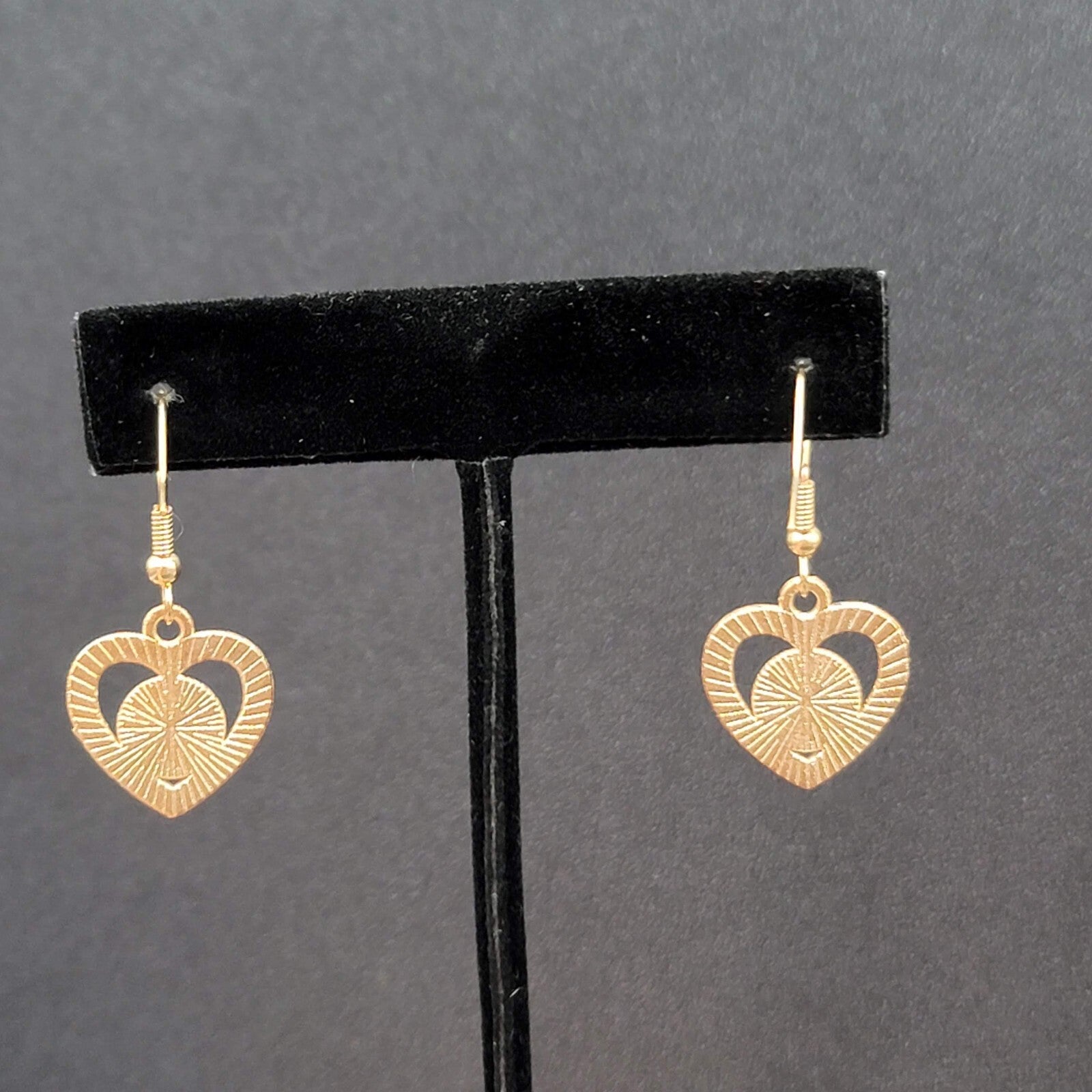 Pierced Earrings Gold tone Enamel Evil Eye Rhinestone Heart Dangle 3/4"