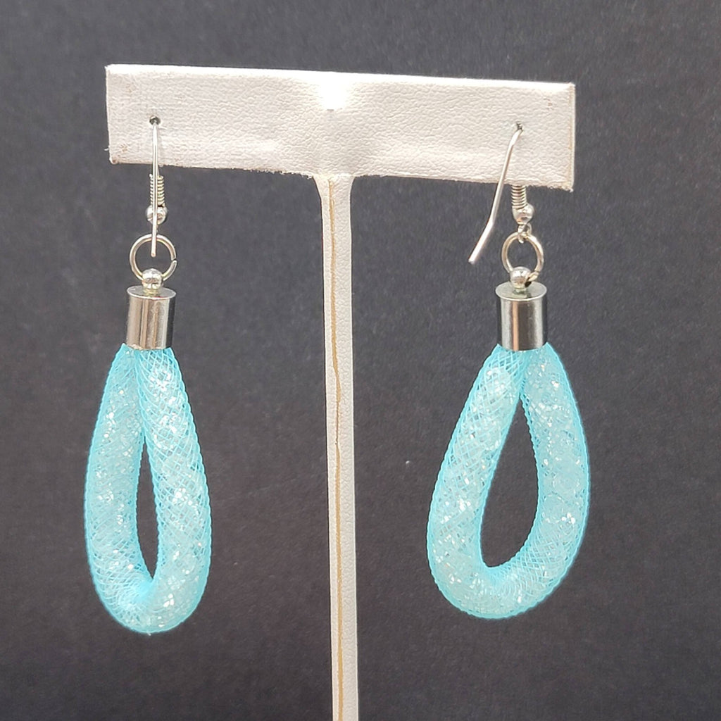 Pierced Earrings Silver tone Blue Knit Acrylic Crystals Dangle 2.25"