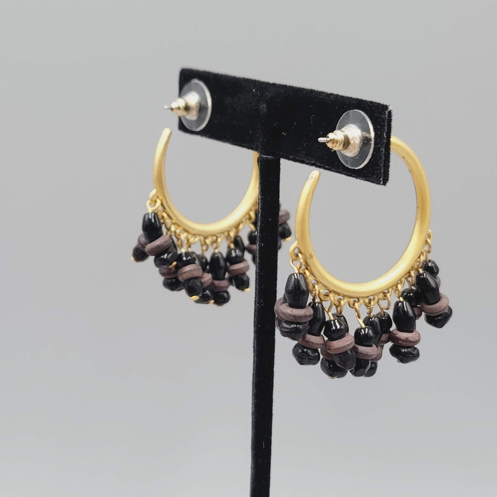 Beaded Hoop Pierced Earrings Hoops Gold tone Dangle 1.75"