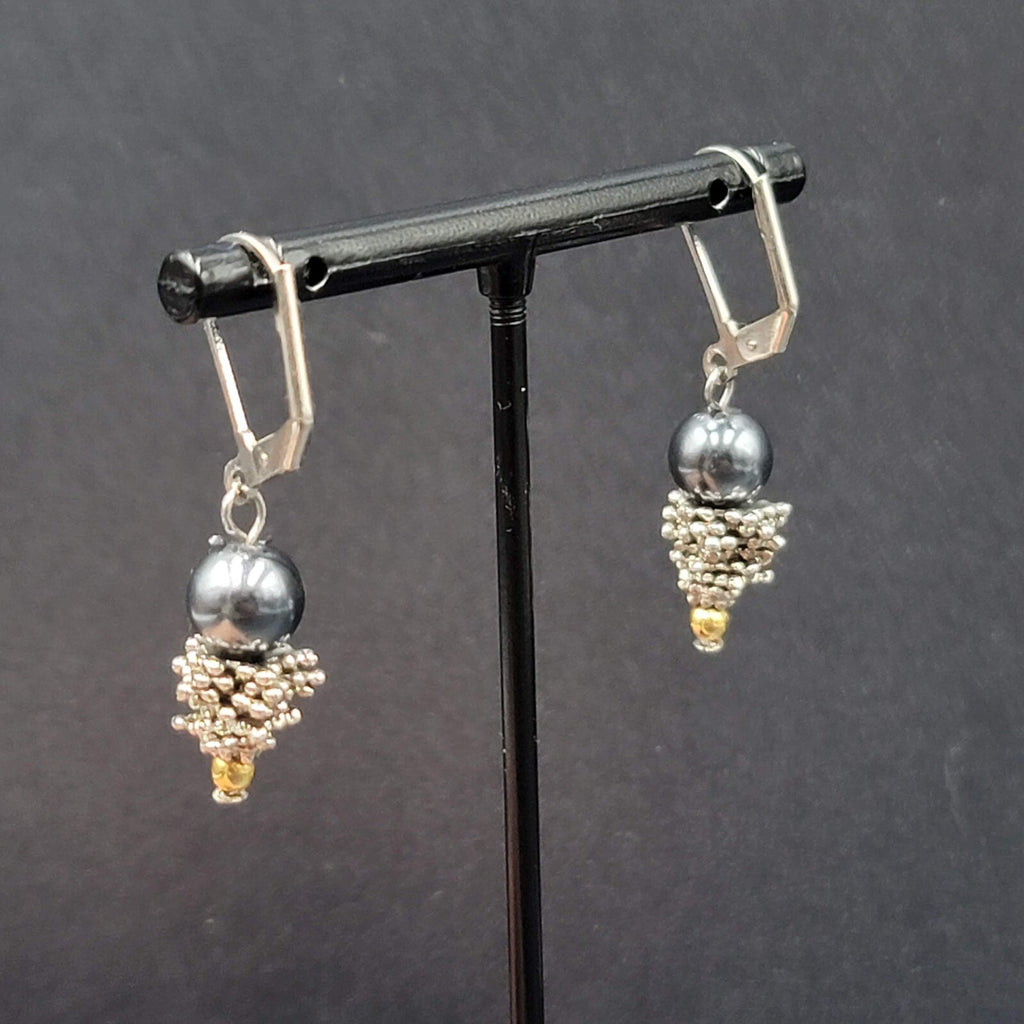 Pierced Earrings Silver tone Black Bead Dangle  7/8"