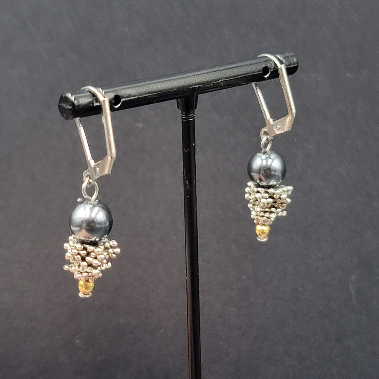 Pierced Earrings Silver tone Black Bead Dangle  7/8"