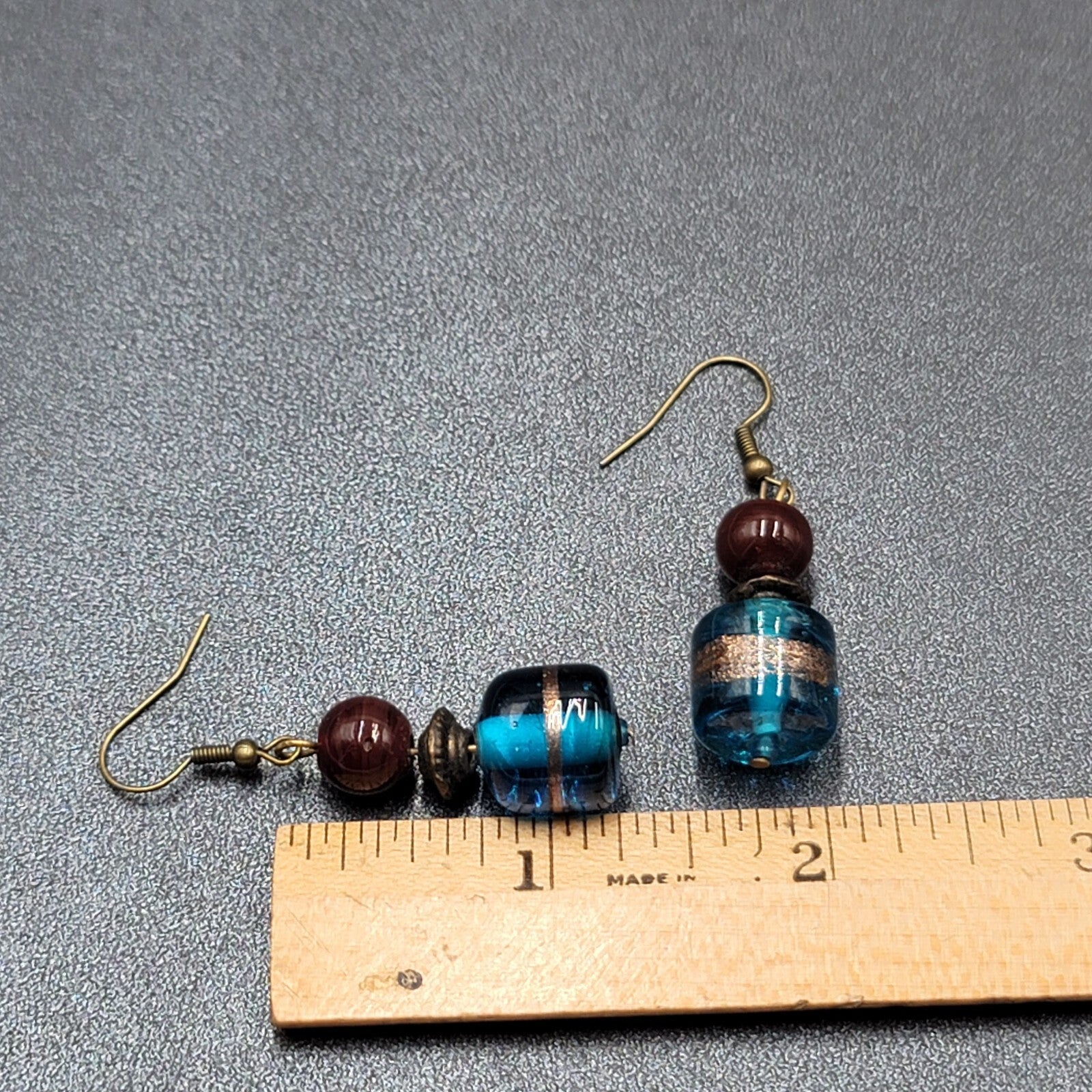 Pierced Earrings Bronze tone Art Glass Blue Bead Dangle 1.25"