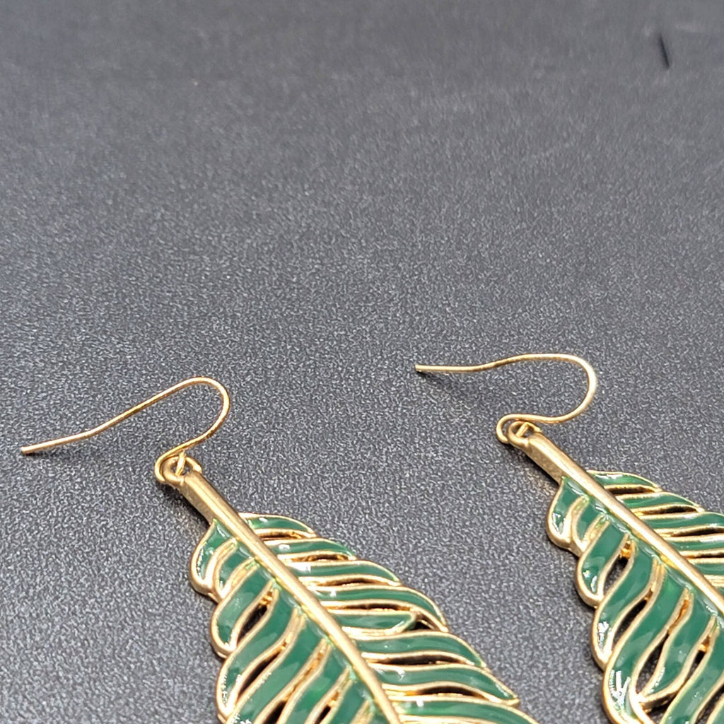 Metal Feather Pierced Earrings Green Enamel Pink Rhinestone Large Dangle 2 5/8"