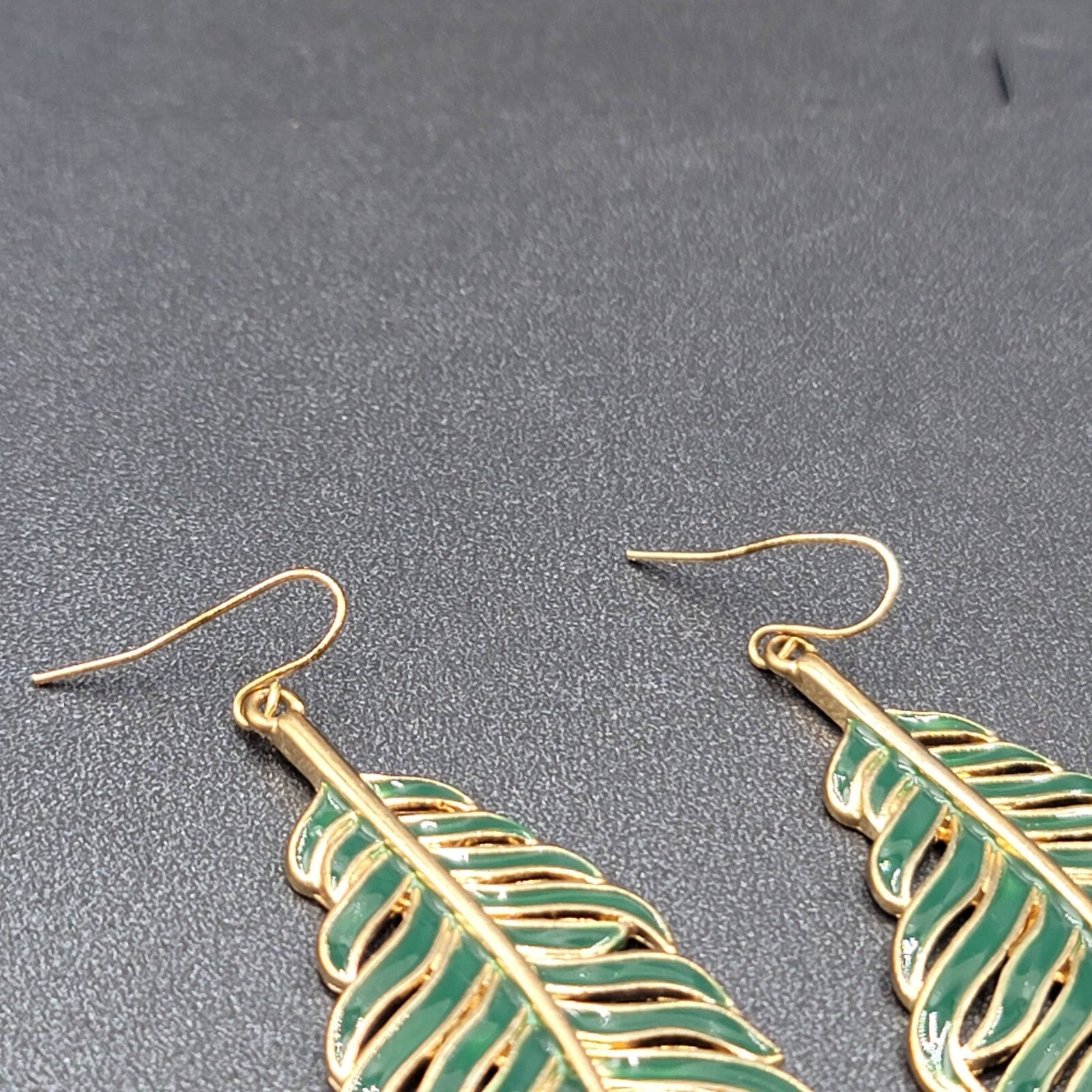Metal Feather Pierced Earrings Green Enamel Pink Rhinestone Large Dangle 2 5/8"