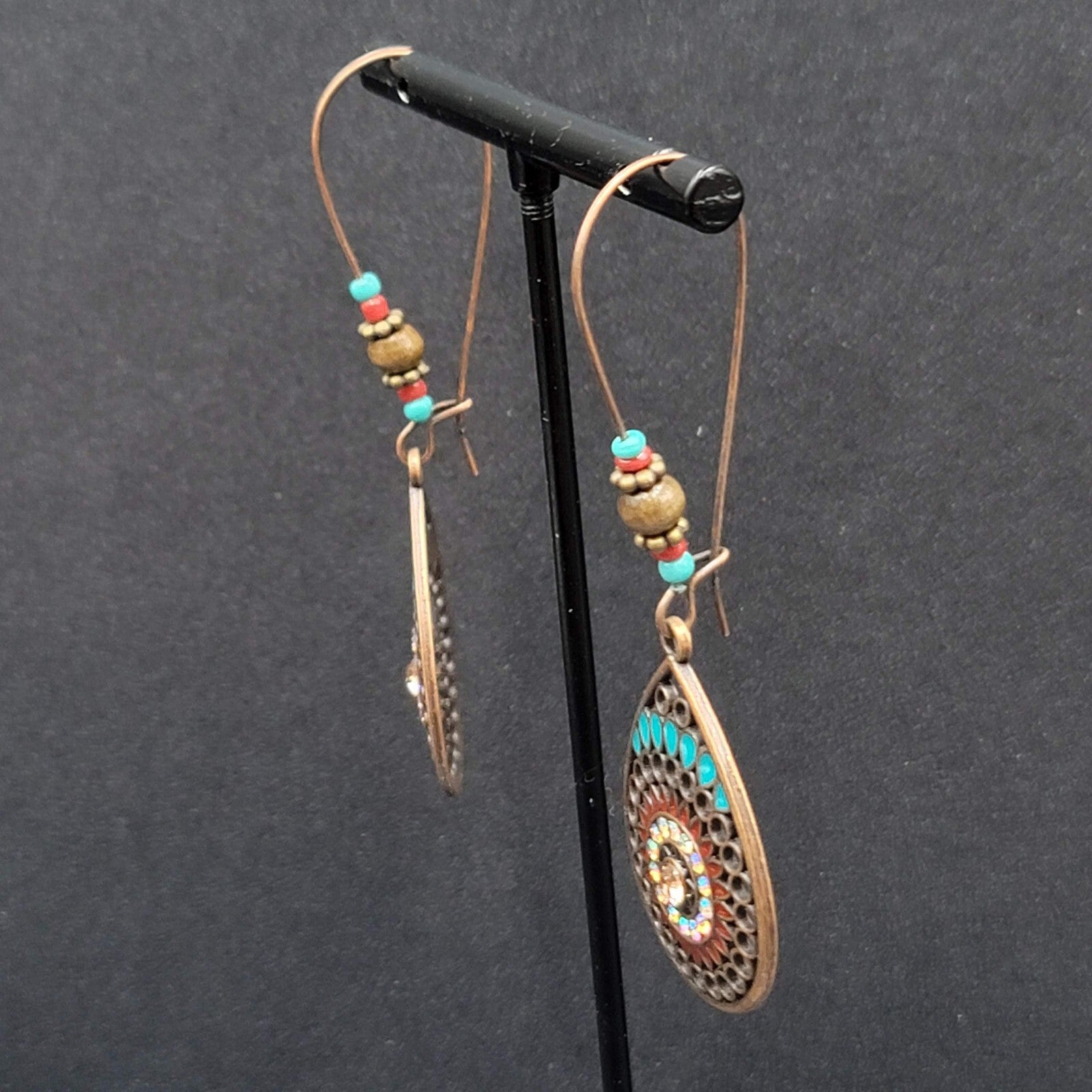 New Boho Pierced Earrings Copper tone AB Crystal Beaded 2 5/8"