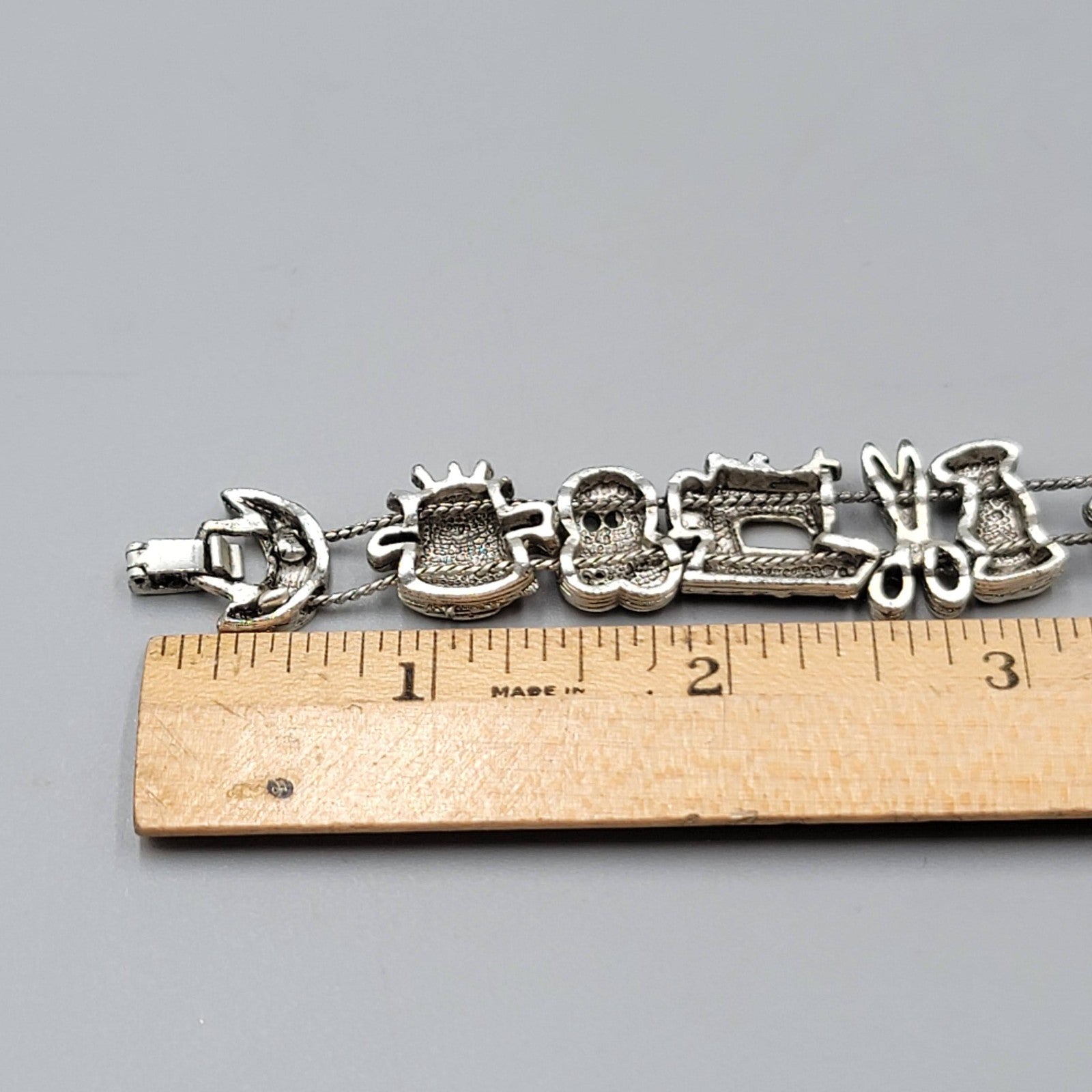Slide Charm Bracelet Sewing Theme Silver tone Enamel 