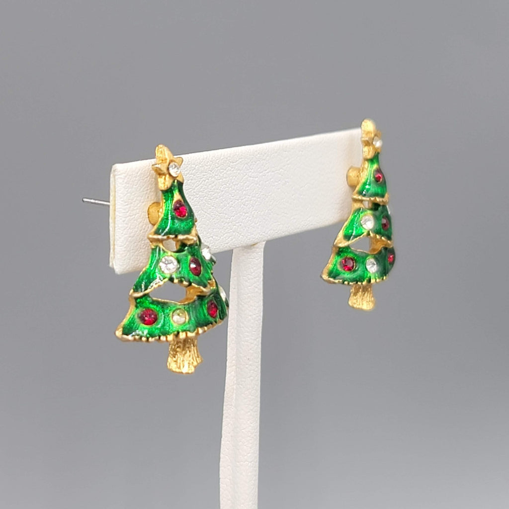 Christmas Tree Pierced Earrings Gold tone Enamel Rhinestone 1 1/8"