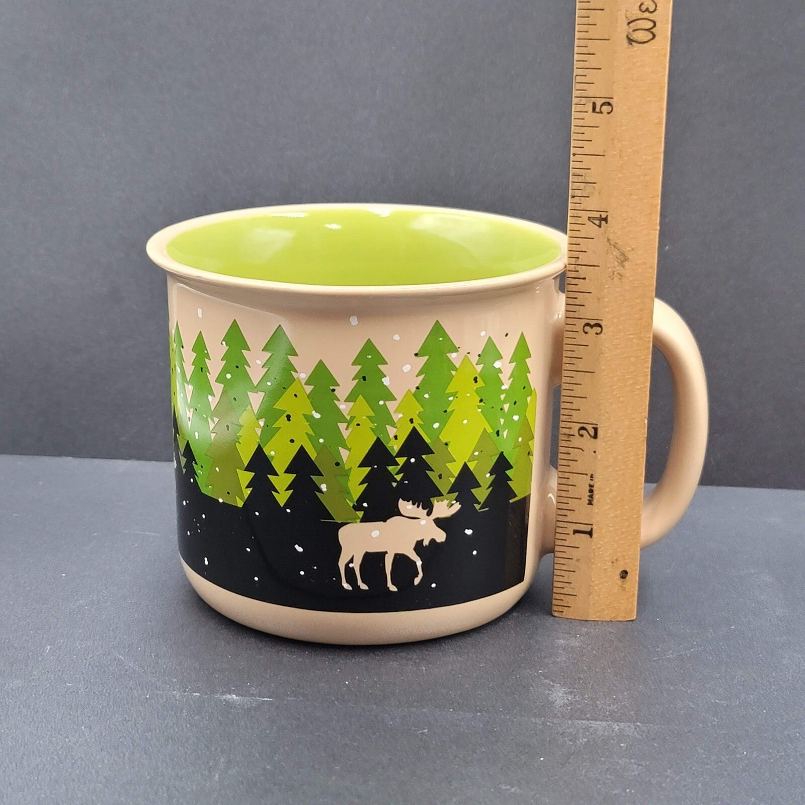 Lazy One Mug Tan Green Snowy Woodland Trees Moose Coffee Cup