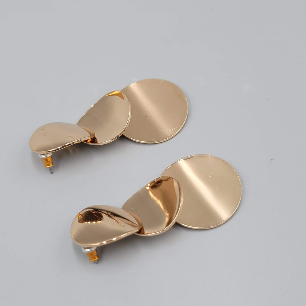 Polished Gold tone Pierced Earrings Triple Dangle Discs 2"