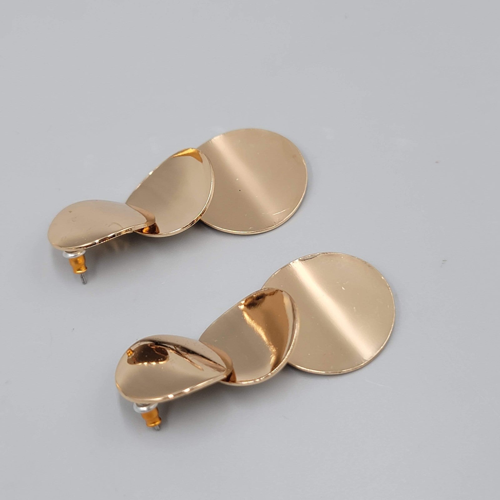 Polished Gold tone Pierced Earrings Triple Dangle Discs 2"