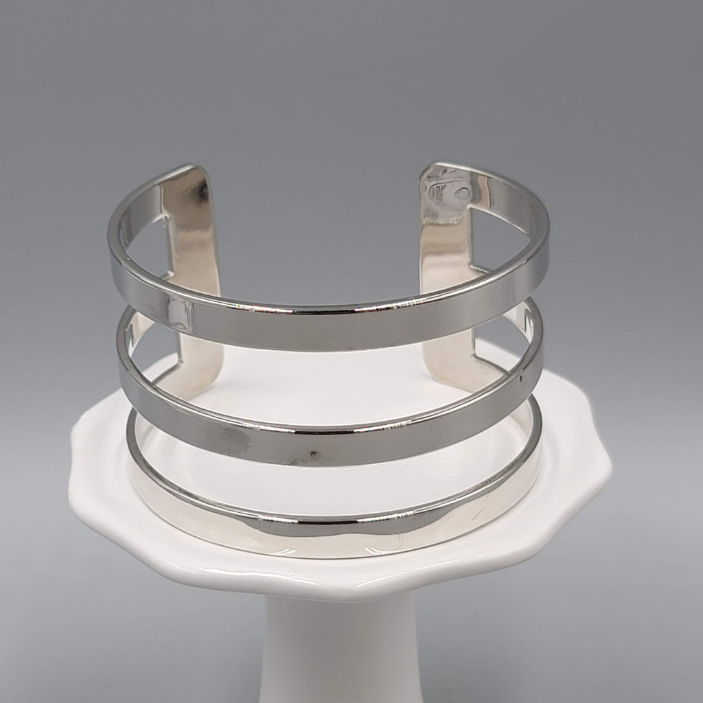 Triple Bar Cuff Bracelet Silver tone Fashion Jewelry 7"