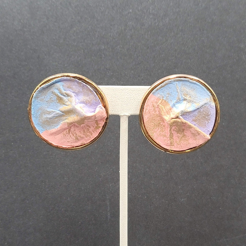 Vintage Pierced Earrings Gold tone Pink Purple Pastel Disc  1.5"