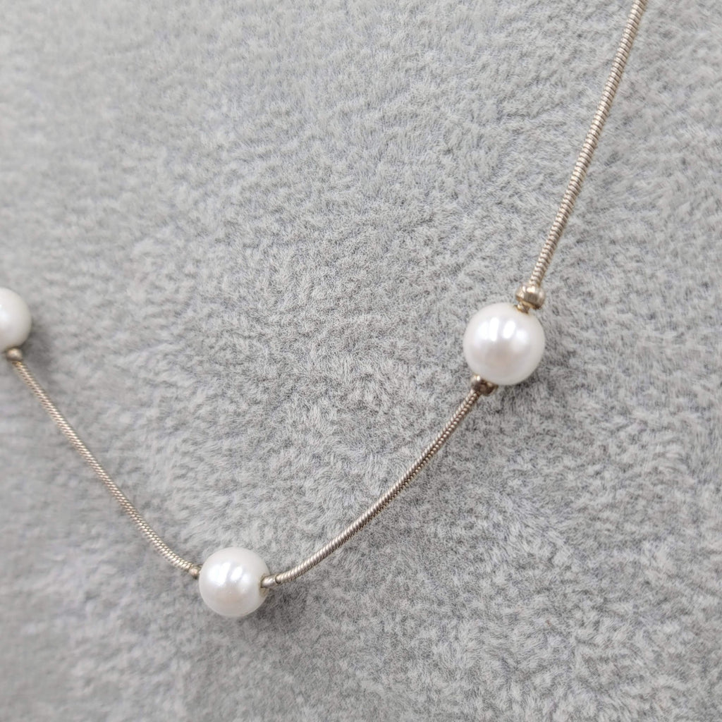 Faux Pearl Bead Station Necklace Silver tone 24 in