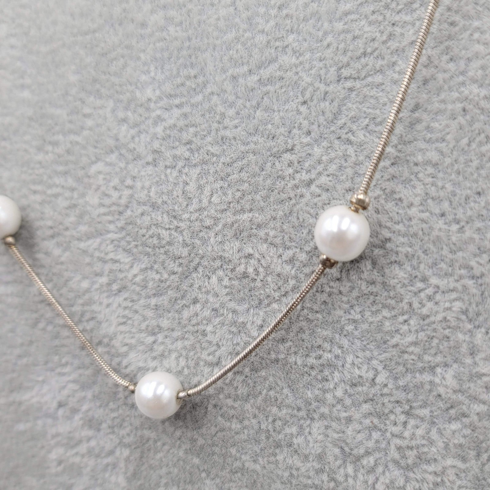 Faux Pearl Bead Station Necklace Silver tone 24 in