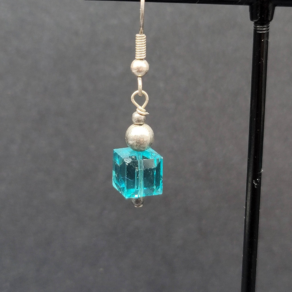 Pierced Earrings Silver tone Square Blue Crystal Bead Dangle 7/8"