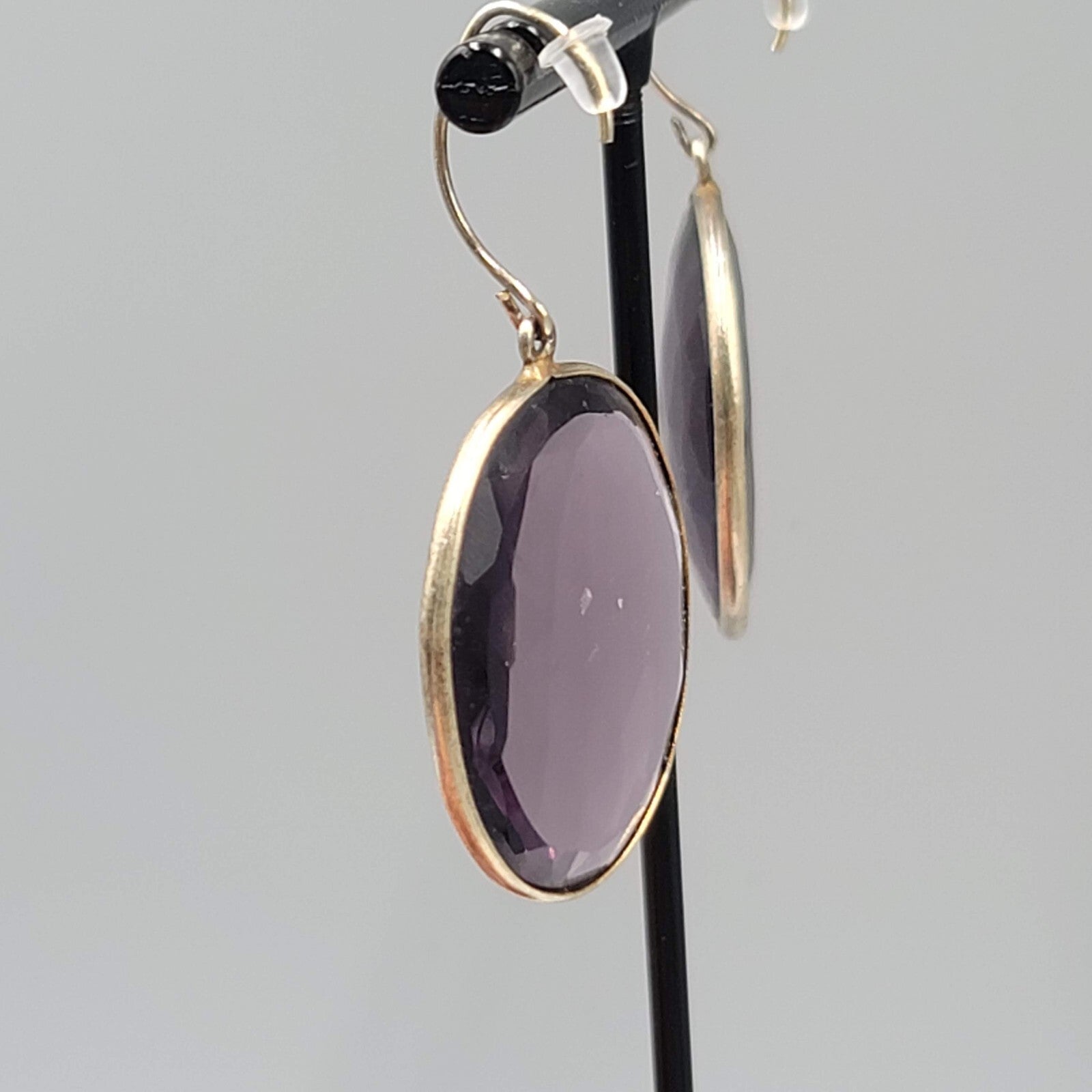 Pierced Earrings Gold tone Large Purple Faceted Glass Oval Dangle 1 3/8"