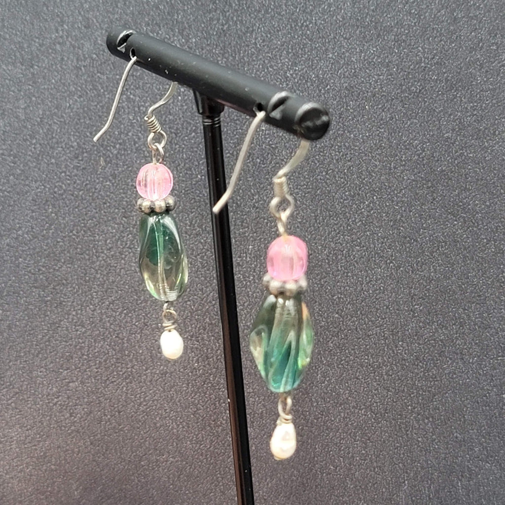 Art Glass Pearl Pierced Earrings Sterling Silver Beaded Dangle 1.25"