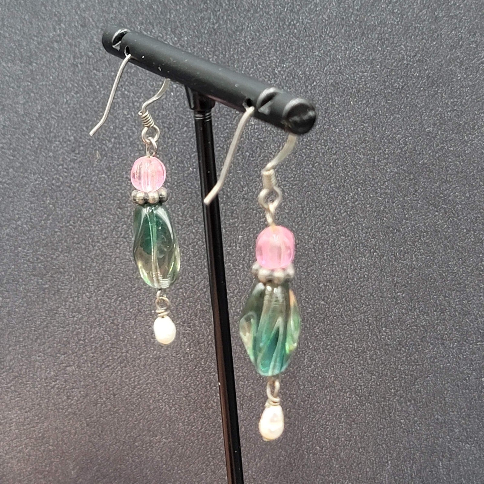 Art Glass Pearl Pierced Earrings Sterling Silver Beaded Dangle 1.25"