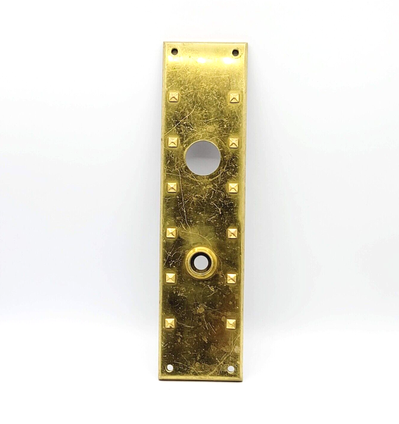 Vintage Brass SINGLE Exterior Doorknob Back Plate 11 3/4 x 3" holes 3 5/8"