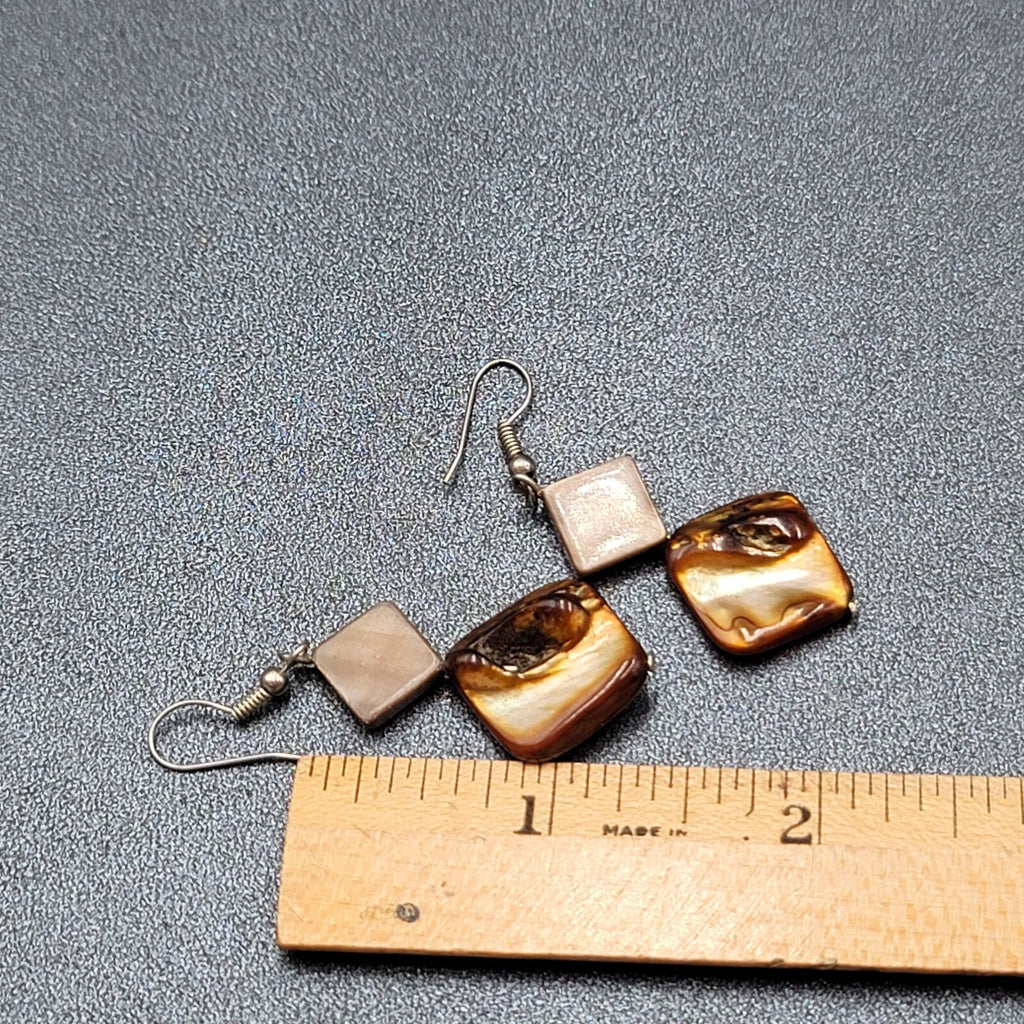 Pierced Earrings Silver tone Dyed Brown Shell Square Beads Dangle 1 3/8"