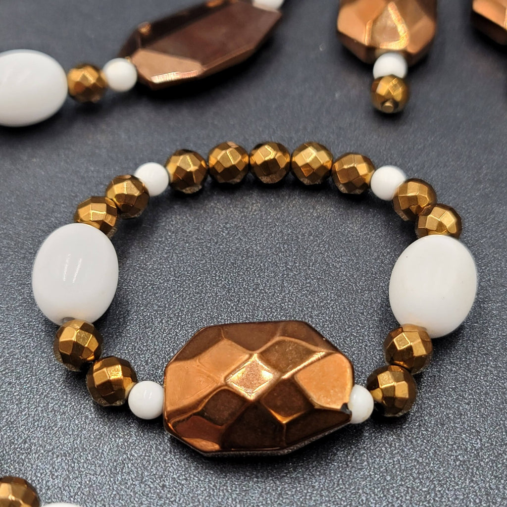 Bronze Metallic White Beaded Necklace Bracelet Earrings Set Jewelry Set