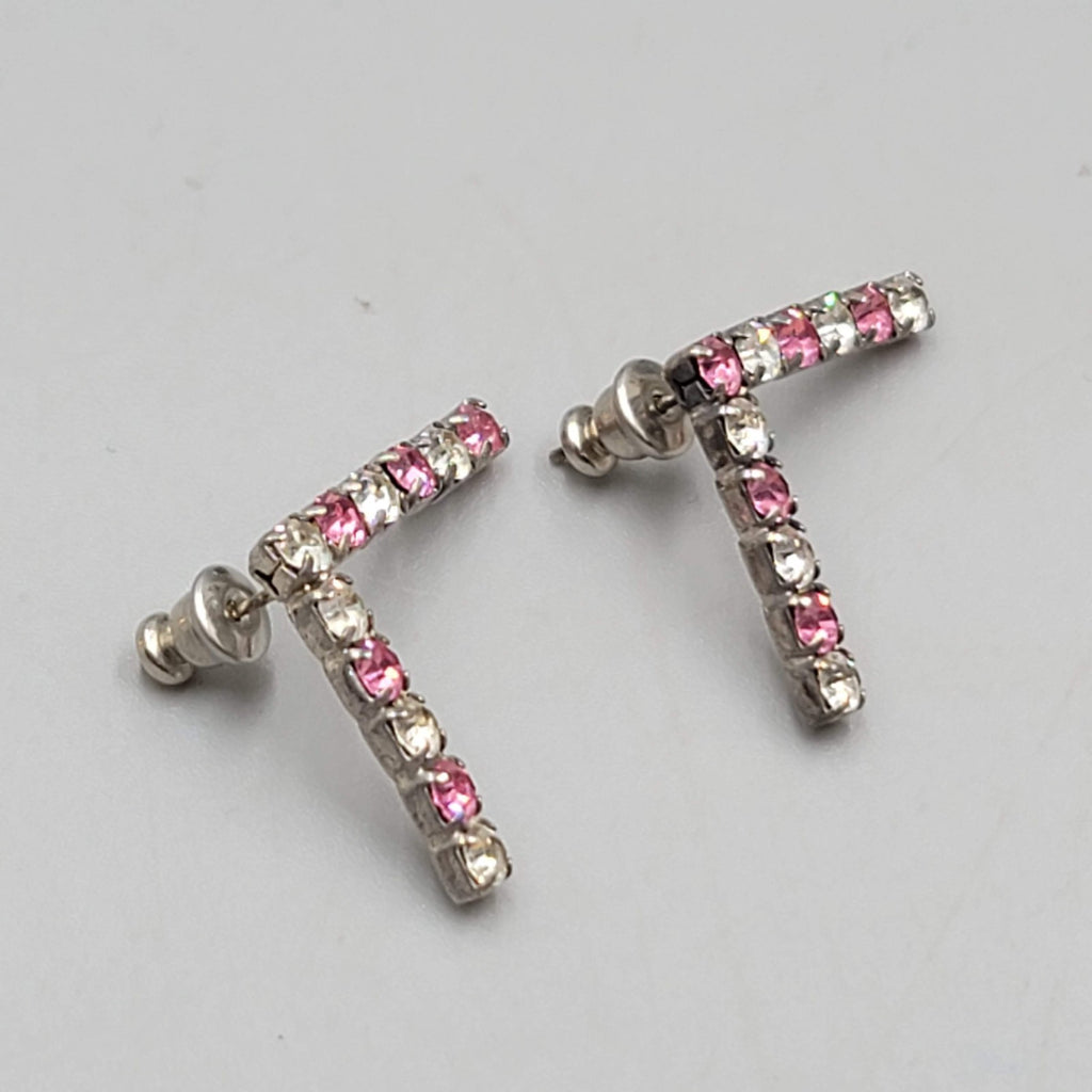 Pink Clear Rhinestones Pierced Earrings Silver tone Drop 1"