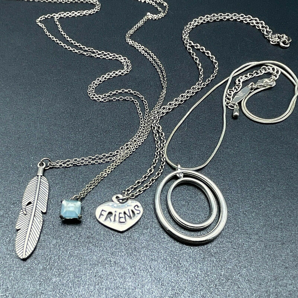 Lot of 4 Silver tone Chain Pendant Necklaces Feather Friends Blue Stone Circles