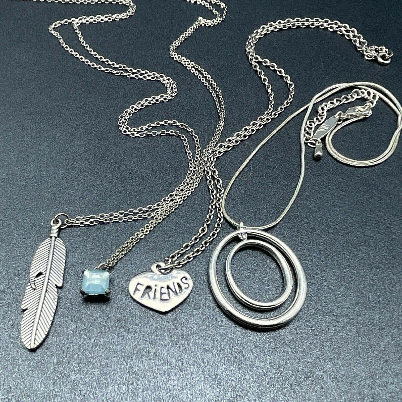 Lot of 4 Silver tone Chain Pendant Necklaces Feather Friends Blue Stone Circles