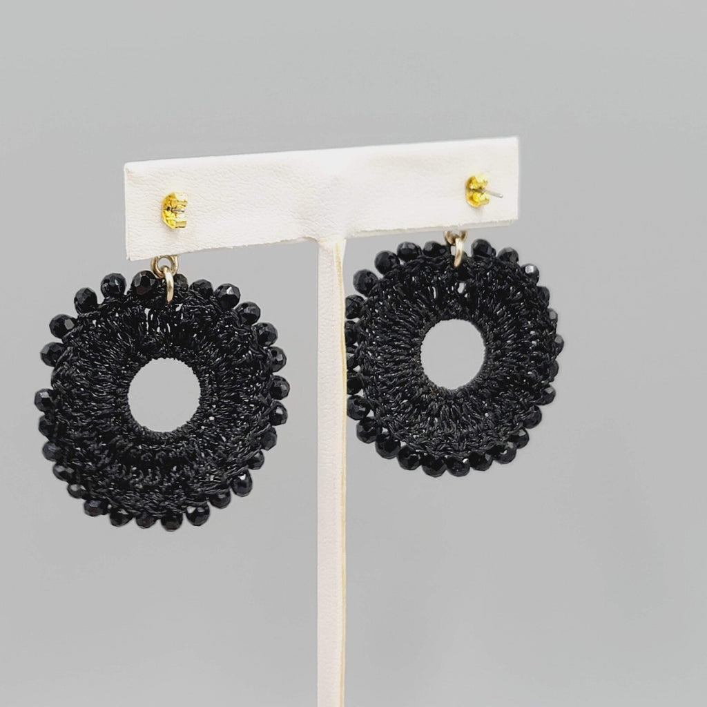 Black Crochet Bead Pierced Earrings Dangle 1.5"