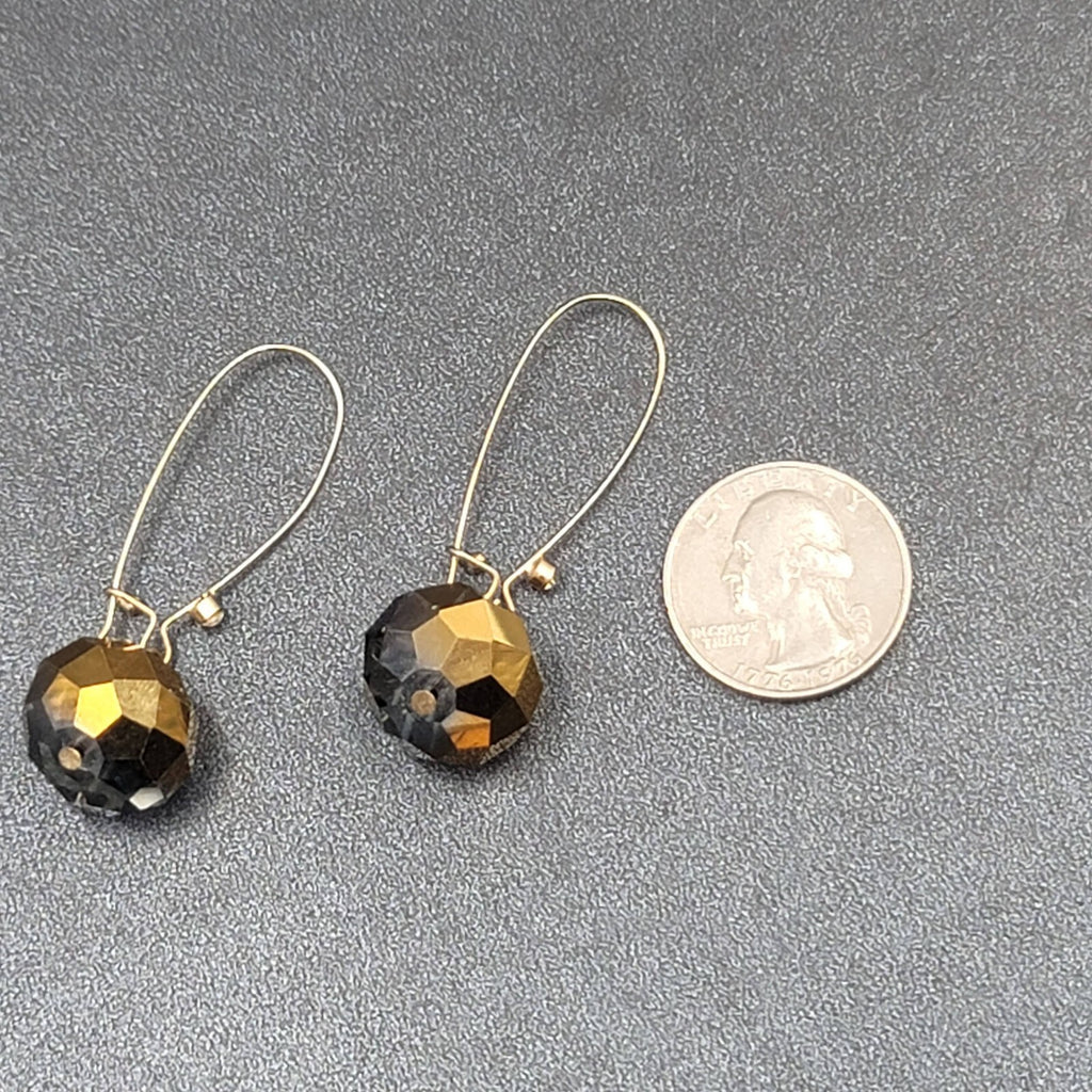 Pierced Earrings Gold tone faceted Glass Bead Smokey Gray Dangle 2"