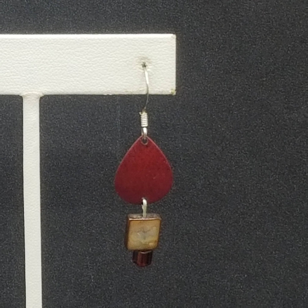 Pierced Earrings Red Enamel Shell Statement Dangle 3/8"