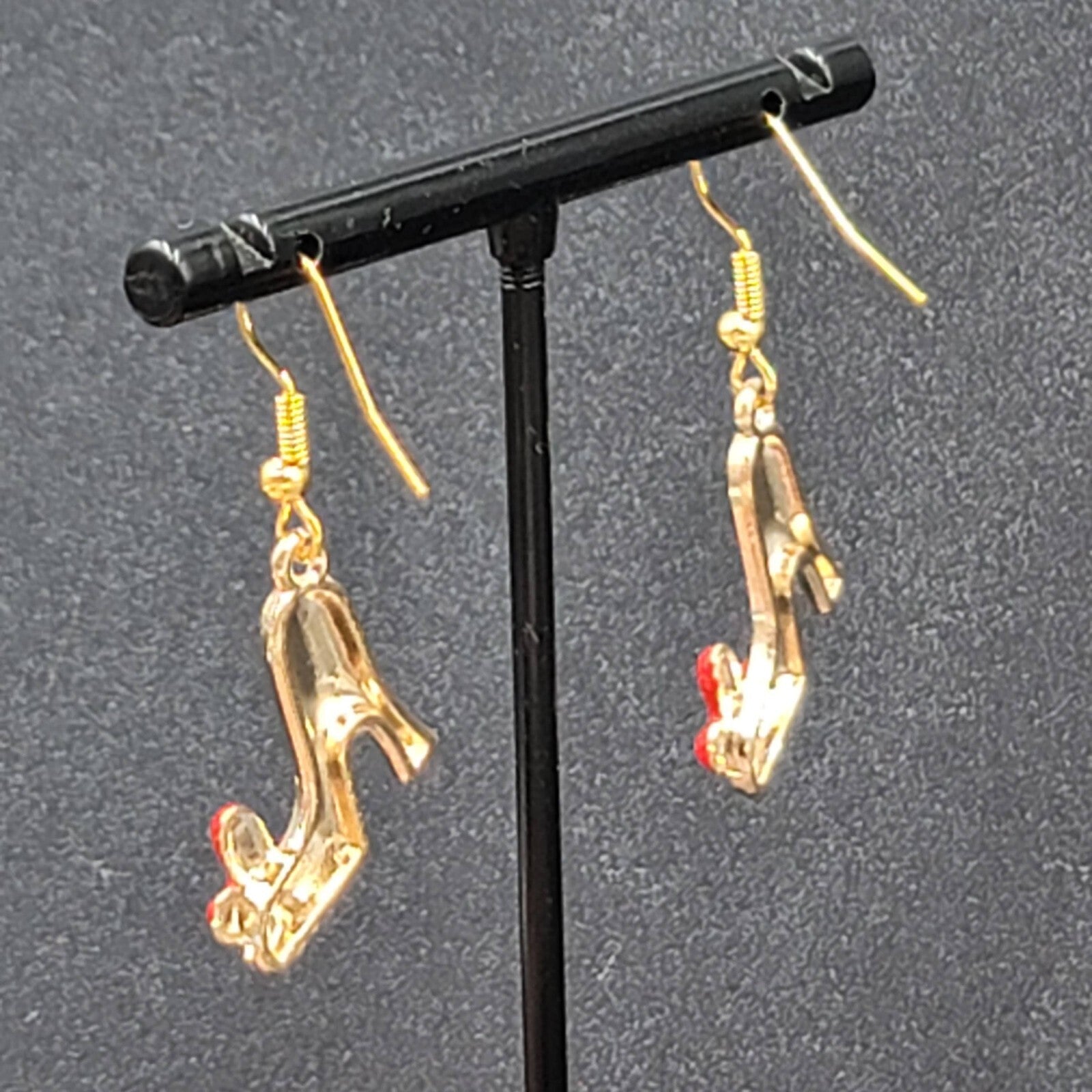 High Heel Shoes Pierced Earrings Gold tone Red Black Enamel Dangle 1"
