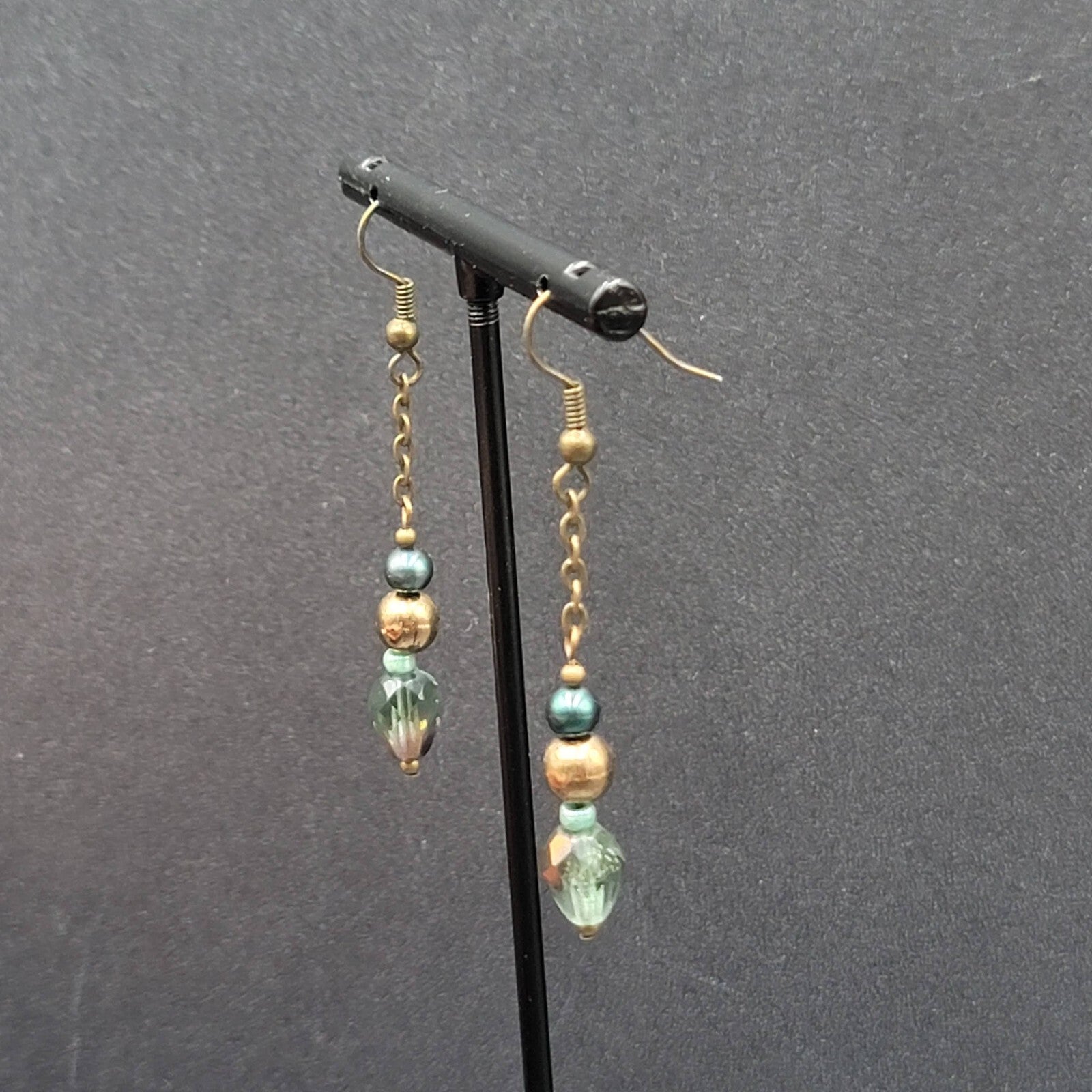 Pierced Earrings Bronze tone Metal Crystal Bead Dangle 1.5"