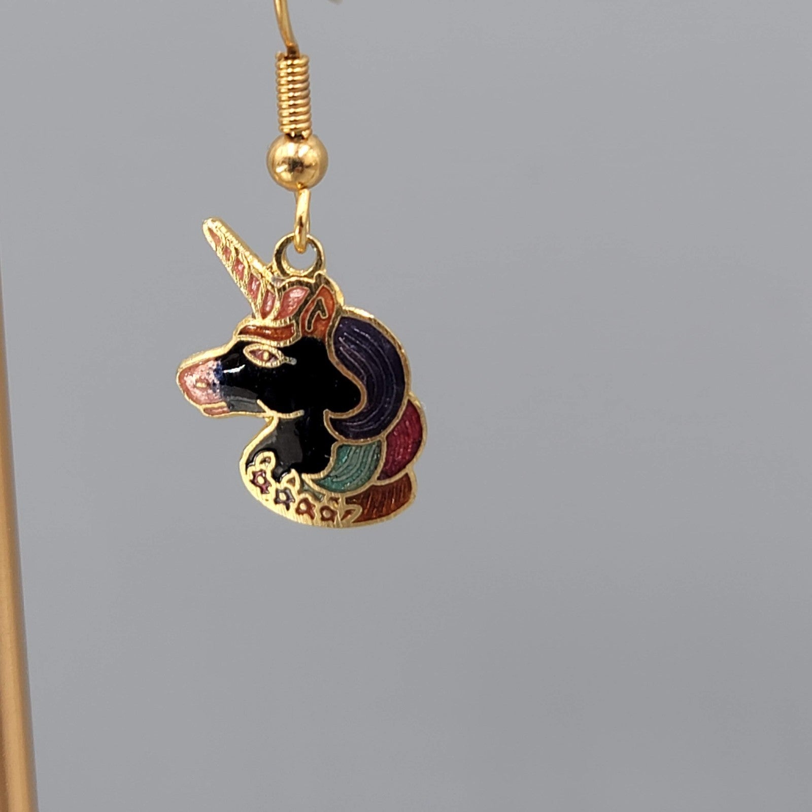 Vintage Enamel Cloisonne Unicorn Pierced Earrings Gold tone Dangle 3/4"